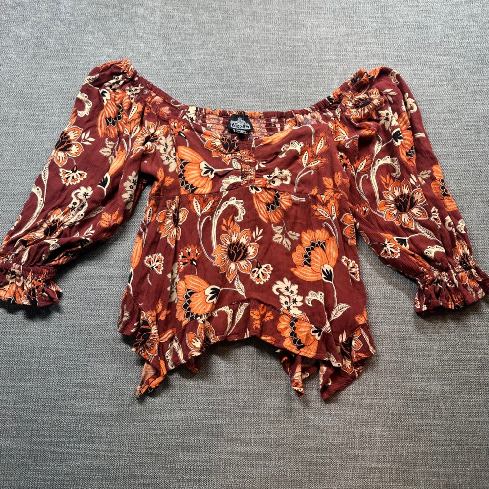 Angie‎ Floral Top Women Small Burgundy Orange  Boho Smocked Handkerchief Hem